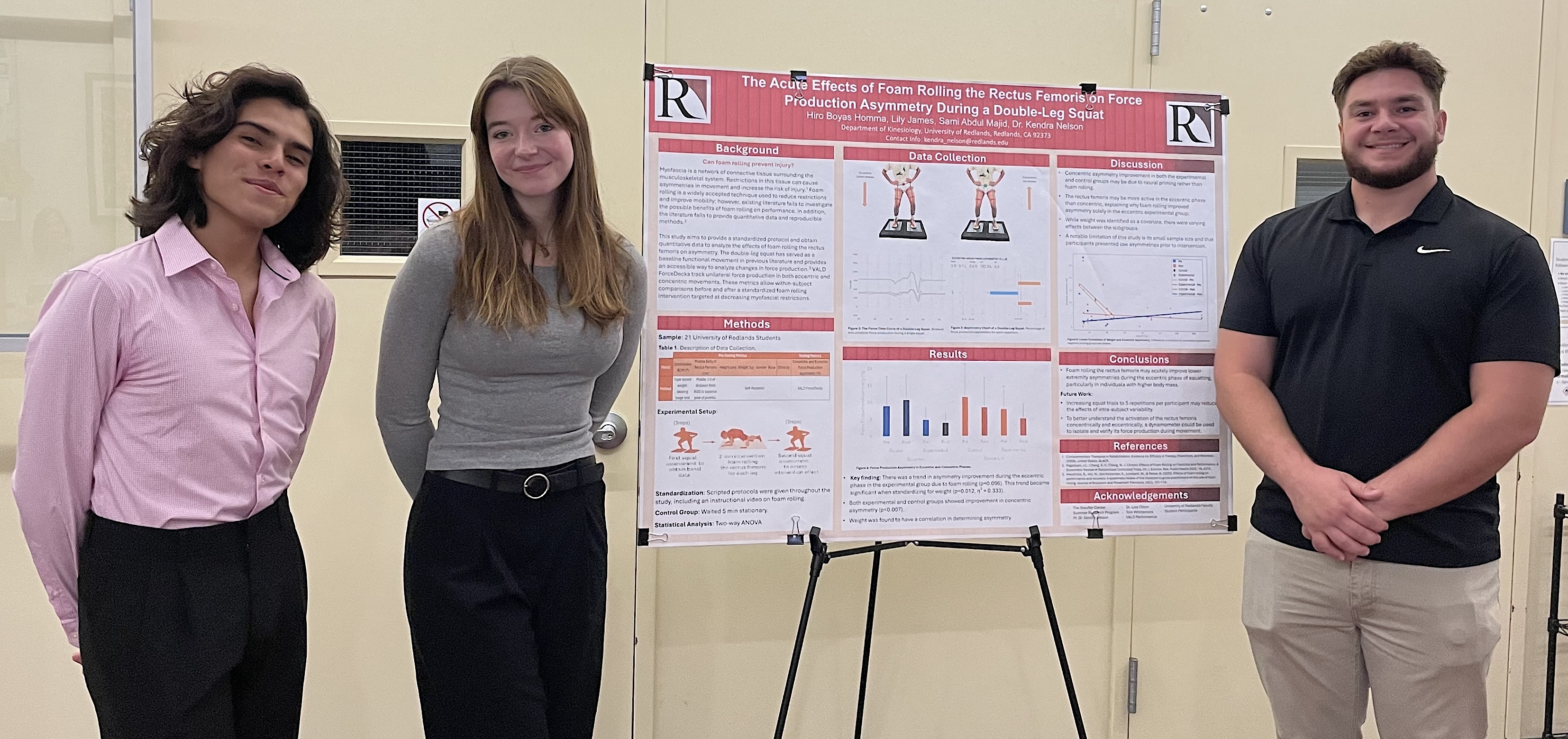 students standing in front of their project poster with findings of their research